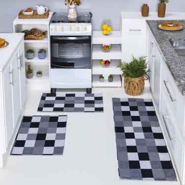 Imagem de Kit Passadeira Tapete Cozinha 3 Peças Jacquard Base Antiderrapante - Tabuleiro Preto e Branco