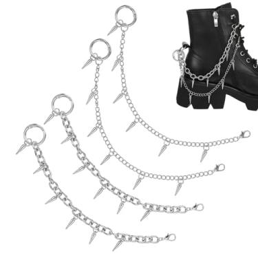 Imagem de MBAIYO 4 peças de correntes de bota punk, pingentes de bota de cone de rebite, correntes de sapato de metal prata enfeites de pingentes de sapatos com fechos destacáveis para botas sandálias tênis