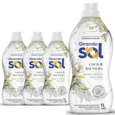 Imagem de Amaciante Concentrado Girando Sol Coco e Baunilha 1L Kit Roupas Macias Cheiro Agradável Alta Performance Protege Cada Fibra 4 Unidades