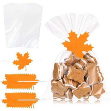 Imagem de Tenceur 25 sacos transparentes de outono com laços torcidos de folha de bordo de feltro, 15 x 23 cm sacos de celofane para doces para festa de Ação de Graças, lembrancinhas, bolos, lanches, biscoitos
