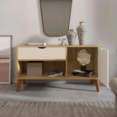 Imagem de Aparador Retrô 108cm Pés Palito, 1 Gaveta 1 Porta Nicho, Rack Balcão Multiuso Para Sala De Estar, Hall (Branco)