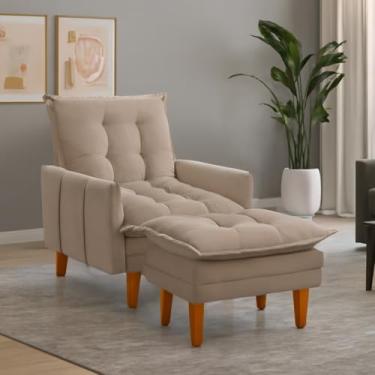 Imagem de Poltrona Reclinável com Puff Apoio de Pés Modelo Khali em Veludo Bege e Pés de Madeira