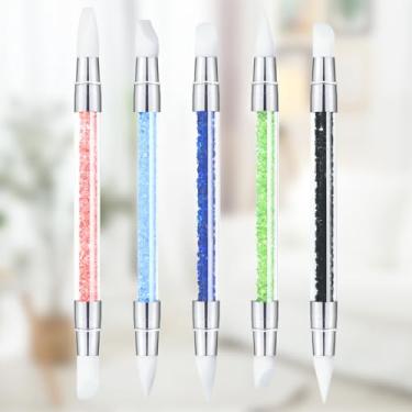 Imagem de Conjunto de canetas de escultura de unhas de silicone com ponta dupla de 5 peças: Canetas de escultura de esmalte de strass com pincéis de ponta de borracha (azul, verde, preto, rosa, azul safira)