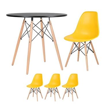 Imagem de Loft7, Kit - Mesa redonda Eames 80 cm preto + 3 cadeiras Eiffel Dsw Amarelo
