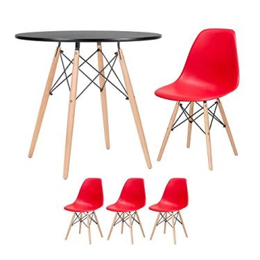Imagem de Loft7, Kit - Mesa redonda Eames 80 cm preto + 3 cadeiras Eiffel Dsw Vermelho