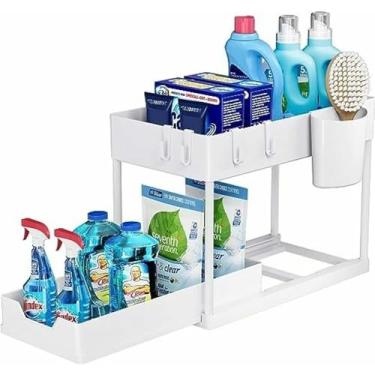 Imagem de Organizador Multiuso 2 Níveis com Bandeja Deslizante – Prateleira Metálica com Pintura Eletrostática Preta, Ideal para Banheiro, Cozinha e Lavanderia – Montagem Simples e Alta Durabilidade Cor Branca