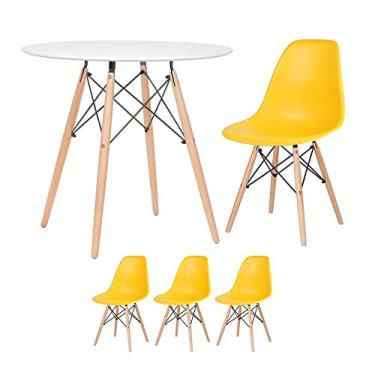 Imagem de Loft7, Kit - Mesa redonda Eames 80 cm branco + 3 cadeiras Eiffel Dsw Amarelo