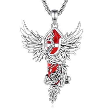 Imagem de Vito Colar de fênix cornalina para mulheres e homens, pingente de fênix de cobre banhado a prata, prisma hexagonal, proteção de cristal cornalina, joia de amuleto energético, presente, 50 + 5 cm