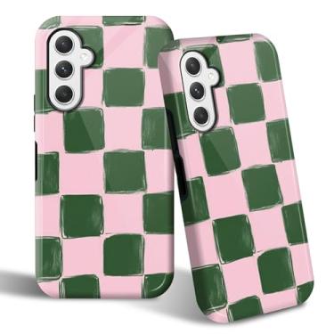 Imagem de SROJDHFJB Capa de telefone para Samsung Galaxy A16 5G, capa protetora de 2 camadas com design estampado xadrez rosa e verde, parte traseira rígida + amortecedor de TPU macio capa fina para homens e
