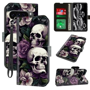 Imagem de ACWDMKH Capa para Google Pixel 10 Pro XL com suporte para cartão, suporte e alça de pulso, carteira flip de couro magnético, capa protetora à prova de choque para Google Pixel 10 Pro XL, crânio roxo