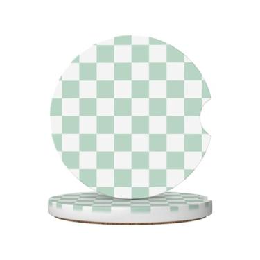 Imagem de Porta-copos xadrez branco e verde para porta-copos, 2 porta-copos de carro para carro, porta-copos absorventes de cerâmica com entalhe de dedo e base de cortiça, acessórios de interior de carro para