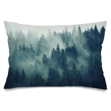 Imagem de Capas de almofada de floresta nebulosa 50 x 76 cm, capas de travesseiro verde, tamanho queen com fecho de envelope, capa protetora decorativa de árvore de nuvem de madeira névoa para sofá, sofá