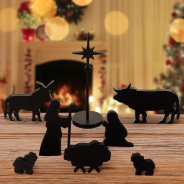 Imagem de Geelin Conjunto de 8 peças de estatuetas de presépio de Natal em miniatura de madeira preta com enfeites de mesa de Jesus para decoração interna de Natal da Sagrada Família (estilo normal)