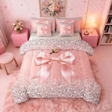 Imagem de Jogo de cama de casal com laço de fita fofo, 7 peças, conjunto de cama de casal em uma bolsa, conjunto de cama de diamante cinza com glitter, princesa feminina, conjunto de cama com laço geométrico