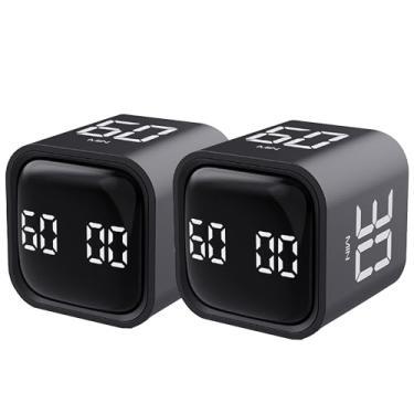 Imagem de 2 peças de temporizador giratório Pomodoro 5, 10, 30, 60 minutos predefinidos, temporizador de produtividade de mesa, cronômetro de contagem regressiva de cubo visual, modos personalizados/vibração