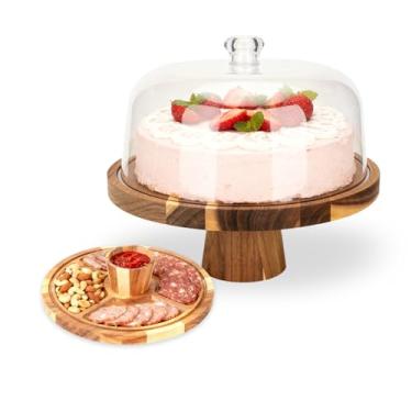 Imagem de Suporte de bolo de madeira de acácia com tampa | Suporte de bolo de madeira de 30 cm com cúpula de acrílico e design 2 em 1 | Servidor de sobremesa multiuso e tábua de charcutaria para padeiros