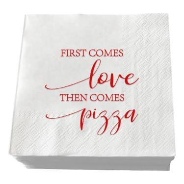 Imagem de SWEETTALA Pacote com 50 guardanapos de casamento folha vermelha "First Comes Love Then Comes Pizza" papel branco guardanapos de coquetel bar Berverage para noivado ensaio jantar almoço jantar