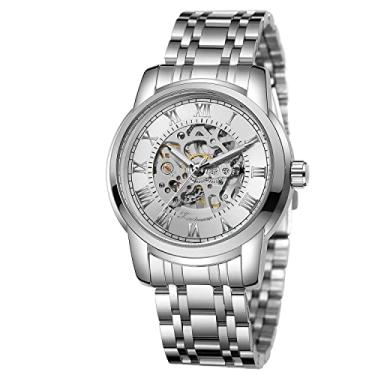 Imagem de WENFVVIN Relógio masculino esqueleto Reloj mecânico com corda manual, aço inoxidável, luminoso, números romanos, relógio analógico, Prata