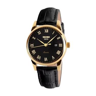 Imagem de Relógios de pulso masculinos S KMEI executivos de quartzo, numerais romanos, pulseira de couro, casual, resistente à água, relógios analógicos (BLACK GOLD FEMININO)