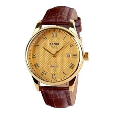 Imagem de Relógios de pulso masculinos S KMEI executivos de quartzo, numerais romanos, pulseira de couro, casual, resistente à água, relógios analógicos (GOLD GOLD MASCULINO)