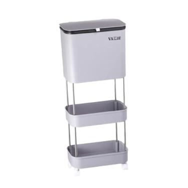 Imagem de Bothyi Lixeira com polia, lata de lixo dupla, prateleira de armazenamento estreita, grande capacidade, lixeira portátil com tampa, lata de lixo, Cinza, 3 camadas