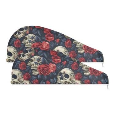 Imagem de SEHANY Toalha de cabelo de microfibra rosa e caveira para mulheres, 2 peças, turbantes de cabelo de secagem rápida com botão, touca de cabelo seco absorvente toalha de secagem de cabelo para cabelos