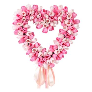 Imagem de Fancyes Guirlanda rosa em formato de coração para porta de entrada, ideal para decoração de primavera e verão com tulipas, perfeita para ambientes internos e