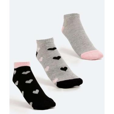 Imagem de Kit 3 Pares Meias Soquete Feminina Corações Marisa-70248, 34/39, Cinza