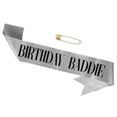 Imagem de Faixa de Aniversário para Bandidos, Purpurinas Faixa de Aniversário com Alfinete Dama Acessórios Decoração e Lembranças Festa Ideais Bandidos para Mulheres e Homens (Prata)