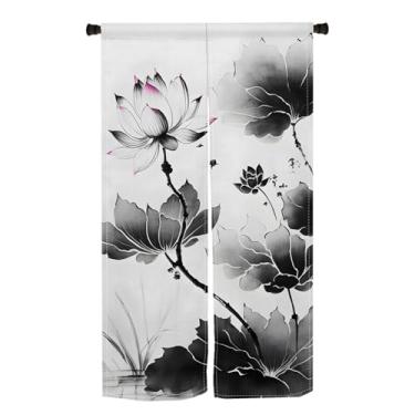 Imagem de Leowefowa Noren Cortina de entrada japonesa pintura a tinta chinesa lótus tapeçaria de tratamento de janela para divisória de privacidade de quarto decorações de cozinha de casa 85 x 159 centímetros