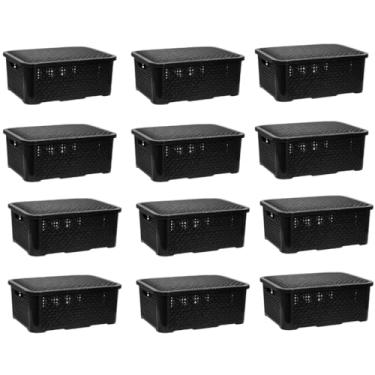 Imagem de Kit Com 12 Caixas Organizadoras Media Rattan Com Tampa 10 Litros (PRETO)