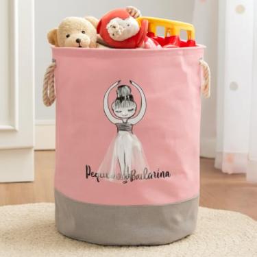 Imagem de Cesto Organizador Infantil Dobrável de Roupas e Brinquedos para Menina, Rosa e Cinza, estampa Bailarina, 44x35cm (Rosa e Cinza)