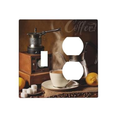 Imagem de VGHOKO Capas decorativas para tomadas com café vintage rústico xícara de café e design de feijão placa de parede de 2 gangues interruptor de luz dupla interruptor de luz para decoração de cozinha