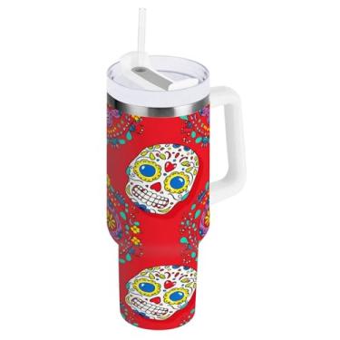 Imagem de Kigai Copo de 850 g com alça, copos coloridos com isolamento de caveira de açúcar com tampa e canudo, garrafa de água esportiva grande de metal, caneca de café de viagem de aço inoxidável