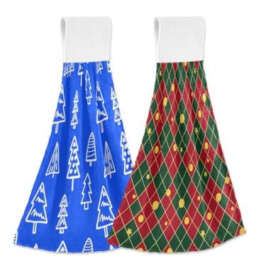 Imagem de Wassud Toalhas de mão penduradas de cozinha, pacote com 2, toalhas de banheiro super macias com padrão de diamante azul vermelho verde com laços de adesivo mágico, toalha de secagem rápida altamente