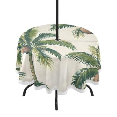 Imagem de CEBUGI Toalha de mesa redonda para uso ao ar livre, palmeira, impermeável, com furo Umberlla, capa de mesa lavável para pátio, cozinha, sala de jantar, 152 cm