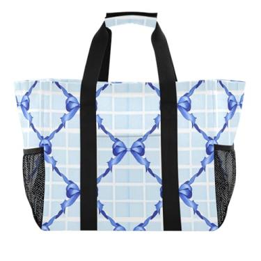 Imagem de Wassud Fitas azuis e laços reutilizáveis sacos de mercearia grande bolsa de lona impermeável organizador para praia, piquenique, lavanderia, viagem