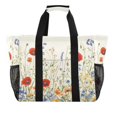 Imagem de Wassud Wildflowers Sacolas de mercearia reutilizáveis grande bolsa dobrável impermeável lona organizador de viagem para praia piquenique lavanderia