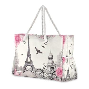 Imagem de Wassud Bolsa de praia feminina Eiffel para bicicleta, grande, impermeável, à prova de areia, bolsa de viagem com zíper e bolso para piscina, academia, acampamento