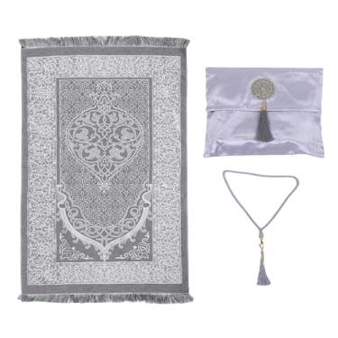Imagem de Tnfeeon Tapete de Oração Islâmico Autêntico Muçulmano Grosso Macio Bordado Com Borla para Homens Mulheres Meditação Viagem Portátil Com Saco de Armazenamento Contas de Oração (Cinza Prateado)