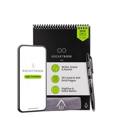 Imagem de Rocketbook Bloco de notas inteligente reutilizável dobrável, encadernado na parte superior, tamanho executivo 15 x 21 cm, preto - páginas pautadas e pontilhadas, conectadas ao aplicativo, apagável,