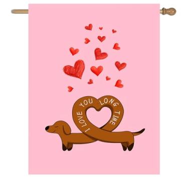 Imagem de Bandeira da casa dos namorados Dachshund Weiner Dog Valentines Day Garden decorativa para exterior 71 x 101 cm faixa dupla face I Love You Long Time Holiday Anniversary Yard Banner