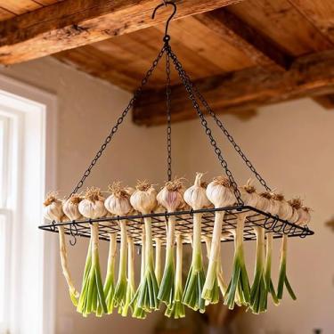 Imagem de Tnstbiee Prateleira nórdica de ferro preto para secar alho e ervas – Secador de metal com 100 furos para flores, cebolas e grama – Organizador suspenso resistente à ferrugem para uso interno e externo