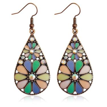 Imagem de Brinco com pingente de gota de cristal boêmio, vintage verde oliva vazado flor floral, brincos de gancho de flor esmaltada, estilo nacional, joia étnica feita à mão para mulheres, 1, Metal, Sem pedra