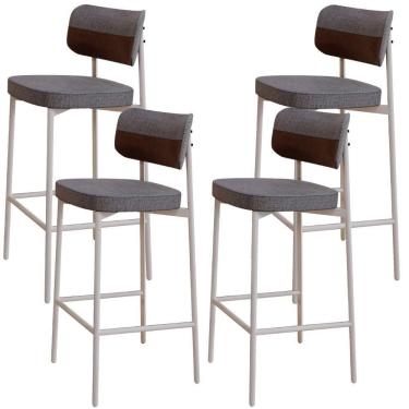 Imagem de Kit 04 Banquetas Alta Bar Cozinha Sala De Jantar Aço Branco Kaira C01 Linho Cinza Courino Whisky - Lyam Decor