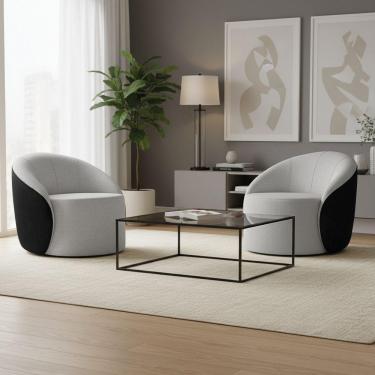 Imagem de Poltrona Sala Orgânica Kit 2 Lua Giratória Sintético Pu Preto/linho D03 - D'rossi Cor Cinza