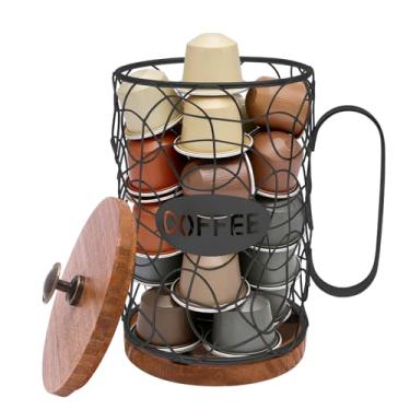 Imagem de KHZSPP Suporte de cápsulas de café para balcão, suporte de cápsula de café expresso com base de madeira para 50 cápsulas, cesta de armazenamento de café preta ou dourada para bancada de cozinha