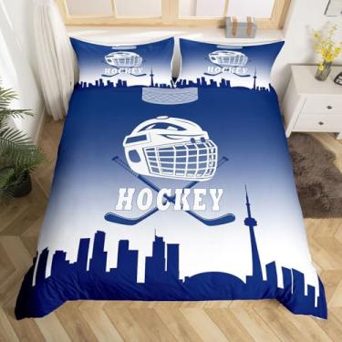 Imagem de jejeloiu Conjunto de capa de edredom de hóquei no gelo para crianças, meninos, meninas, tamanho king, Toronto, ultramacia, para fãs de hóquei, capacete, colcha, decoração de quarto, roupa de cama com