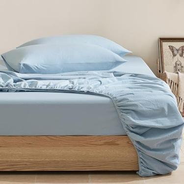 Imagem de JELLYMONI Lençol Queen Algodão Azul Névoa 1 pç Lençol de Cama com Bolso Profundo 40,6 cm Sólido 100% Algodão Lavado, Respirável, Durável (152 cm x 203 cm + 41 cm)