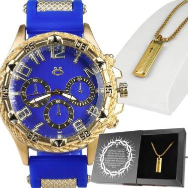 Imagem de Relogio Masculino Banhado Aço azul pai nosso original religioso robust